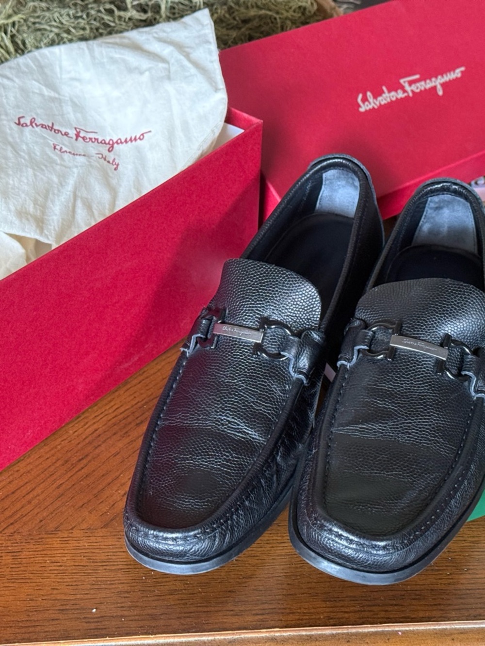 Salvatore Ferragamo Black Pebbled Leather Bit Loafers